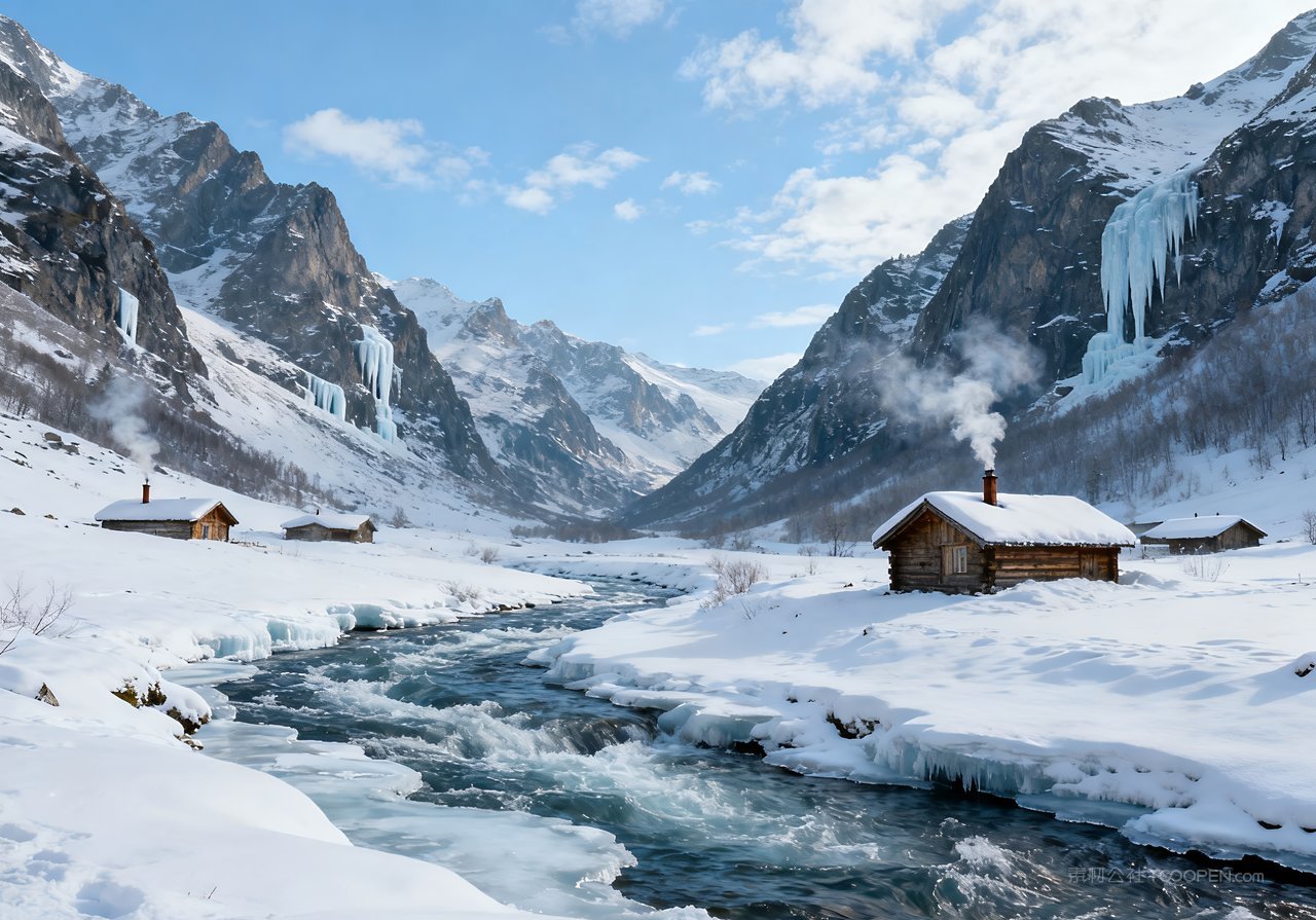 冬季山峰雪景风景山水河流唯美冬天