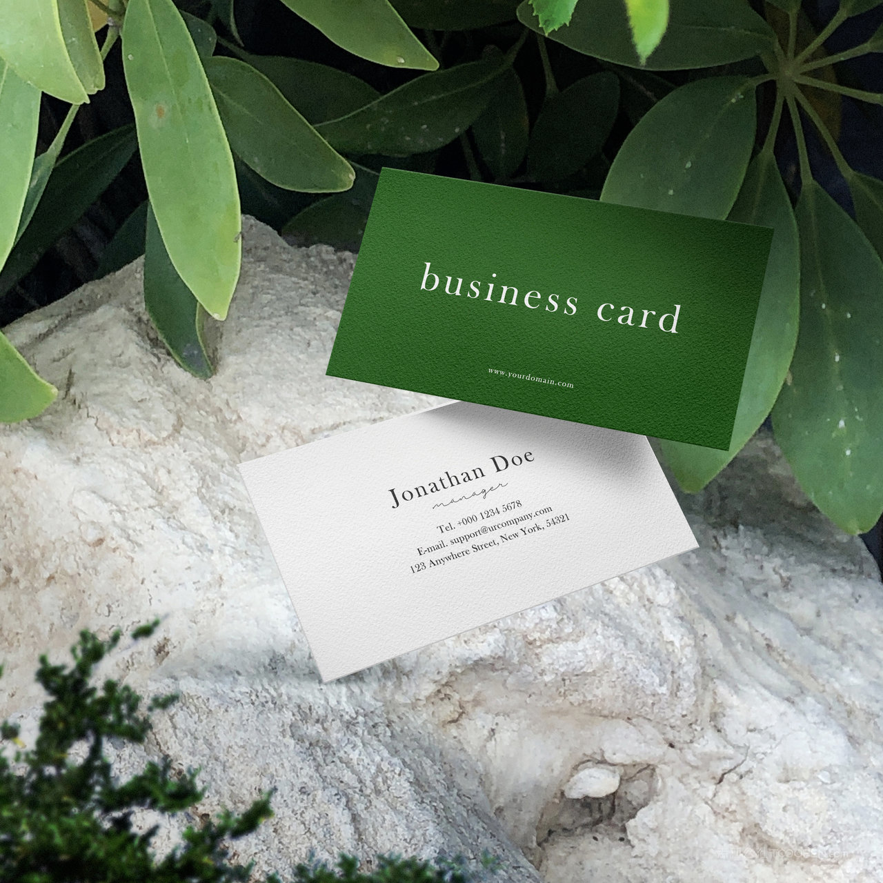 石头悬浮的名片正反面贴图样机