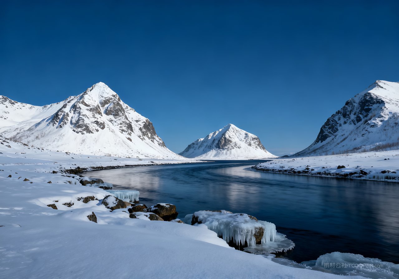 冬天风景唯美山水冬季河流自然山峰雪景