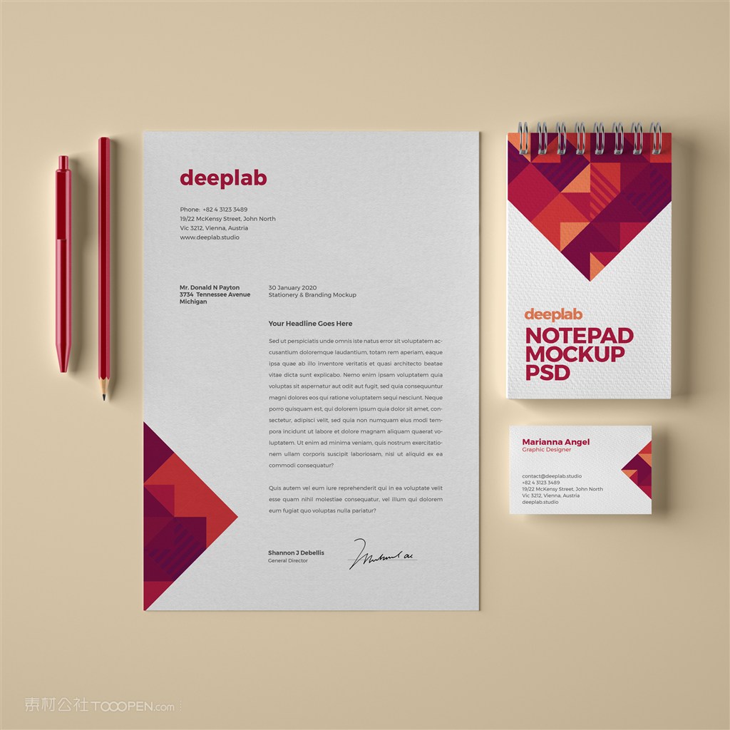 红色高级办公用品vi宣传单名片笔记本贴图样机