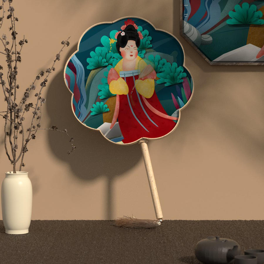 中国红国潮仕女扇子元素样机