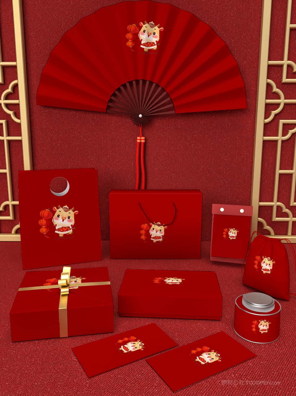 中国红国潮文创贺岁年货红色礼盒样机 (52)