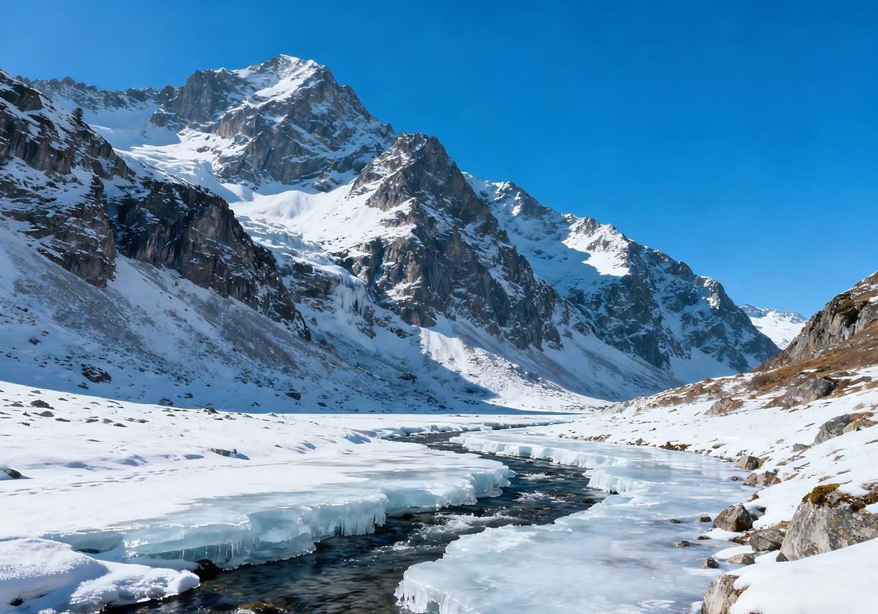 山水唯美风景山峰冬季雪景河流冬天