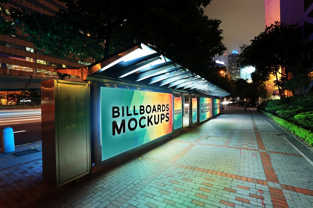 街头户外站台候车亭T牌灯箱广告牌样机图片场景下载