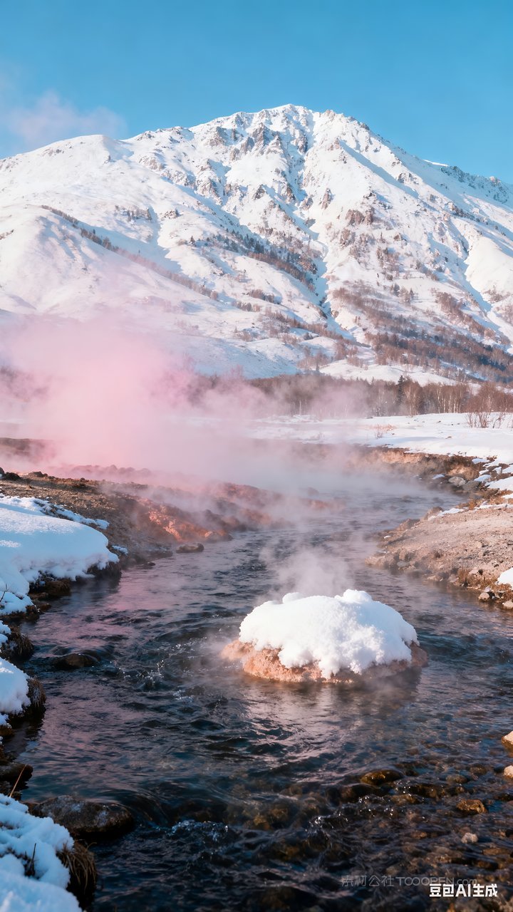 山峰雪山风景冬天山水雪景唯美冬季河流