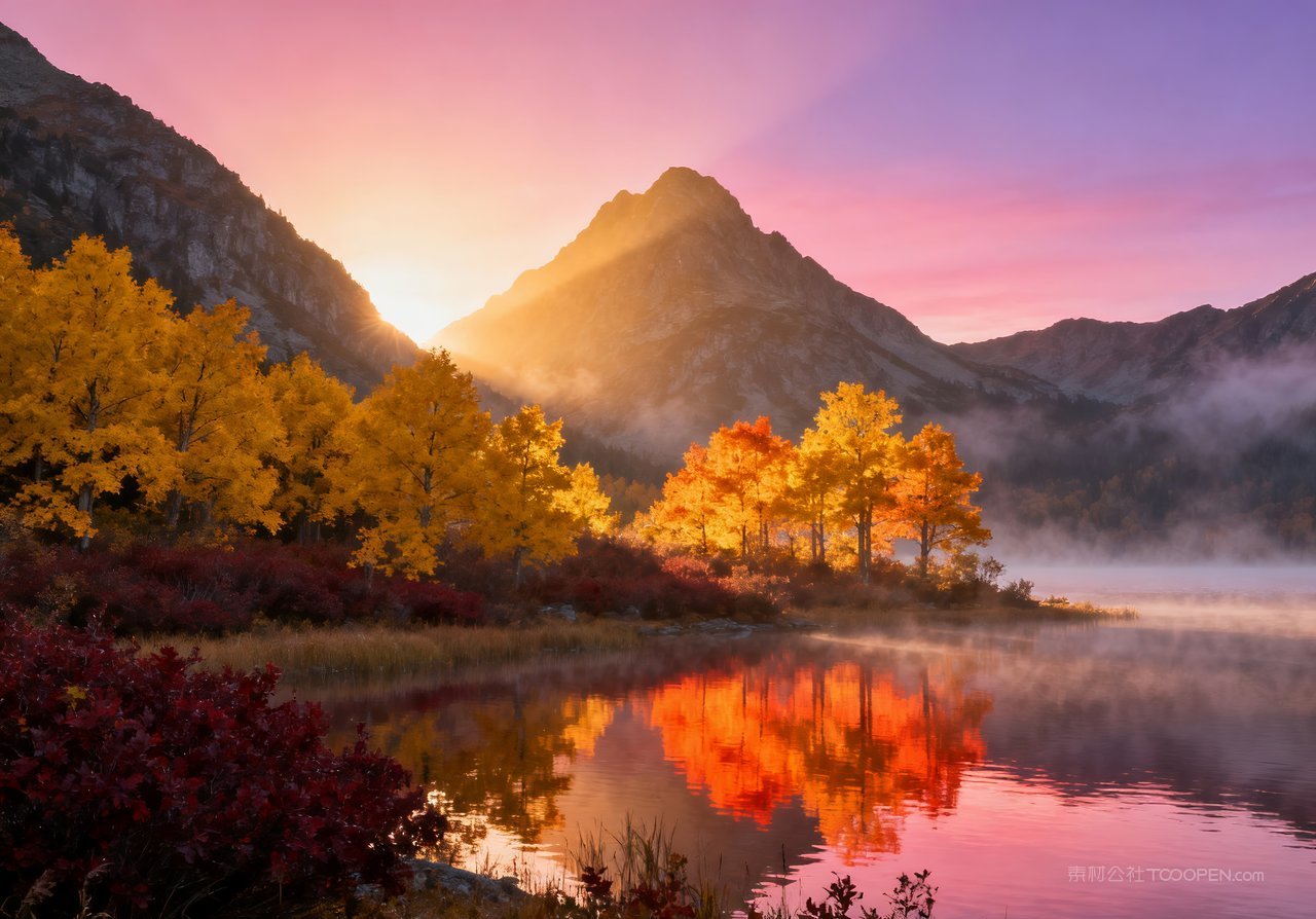 秋季唯美山峰天空山水意境湖泊青山
