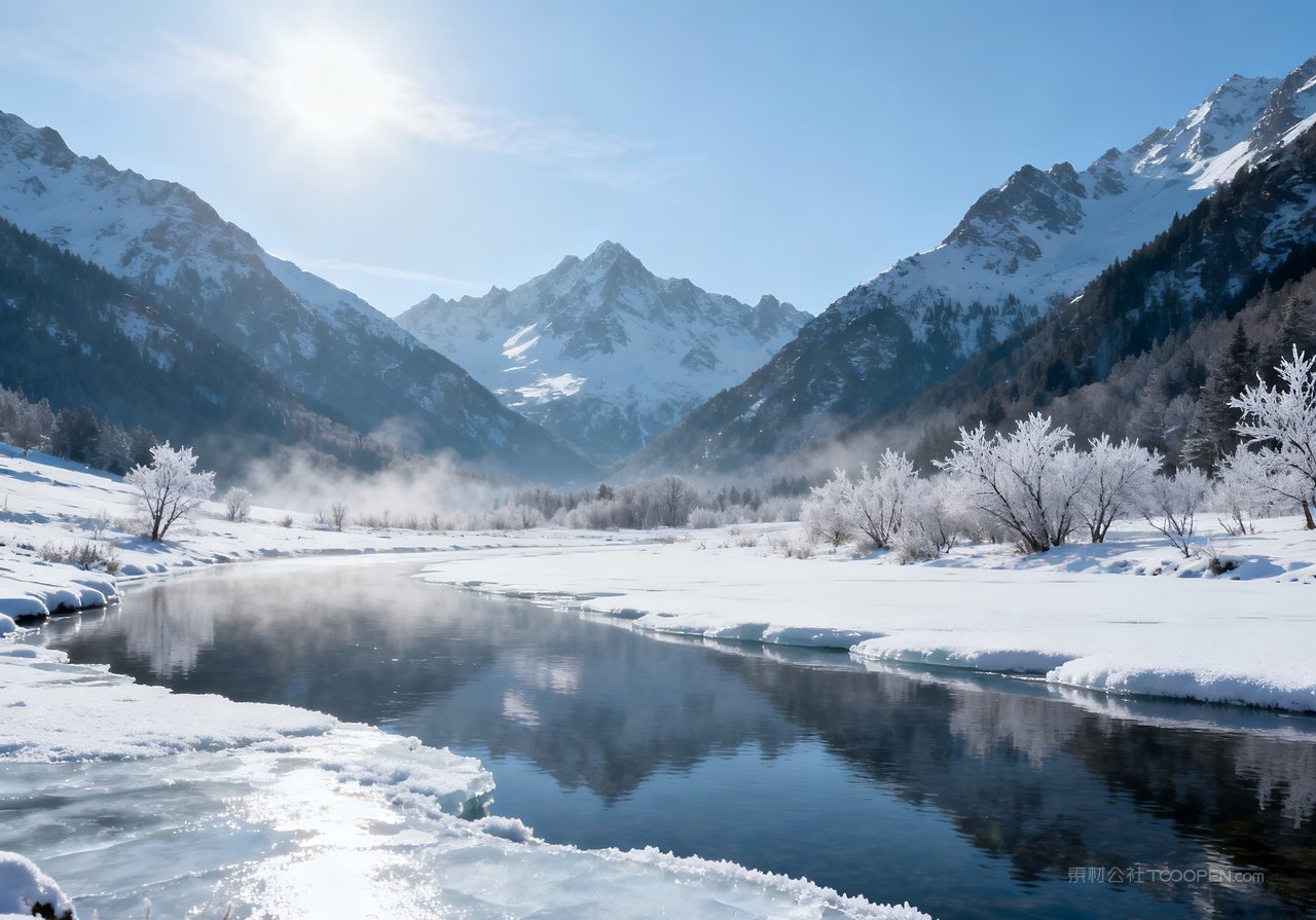 唯美冬天冬季山水山峰河流雪景风景