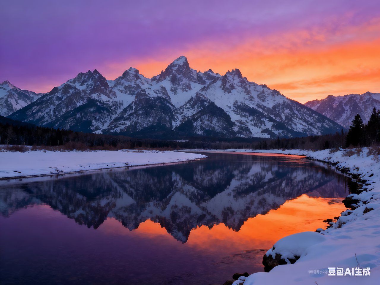 河流风景山峰冬天冬季唯美山水雪景