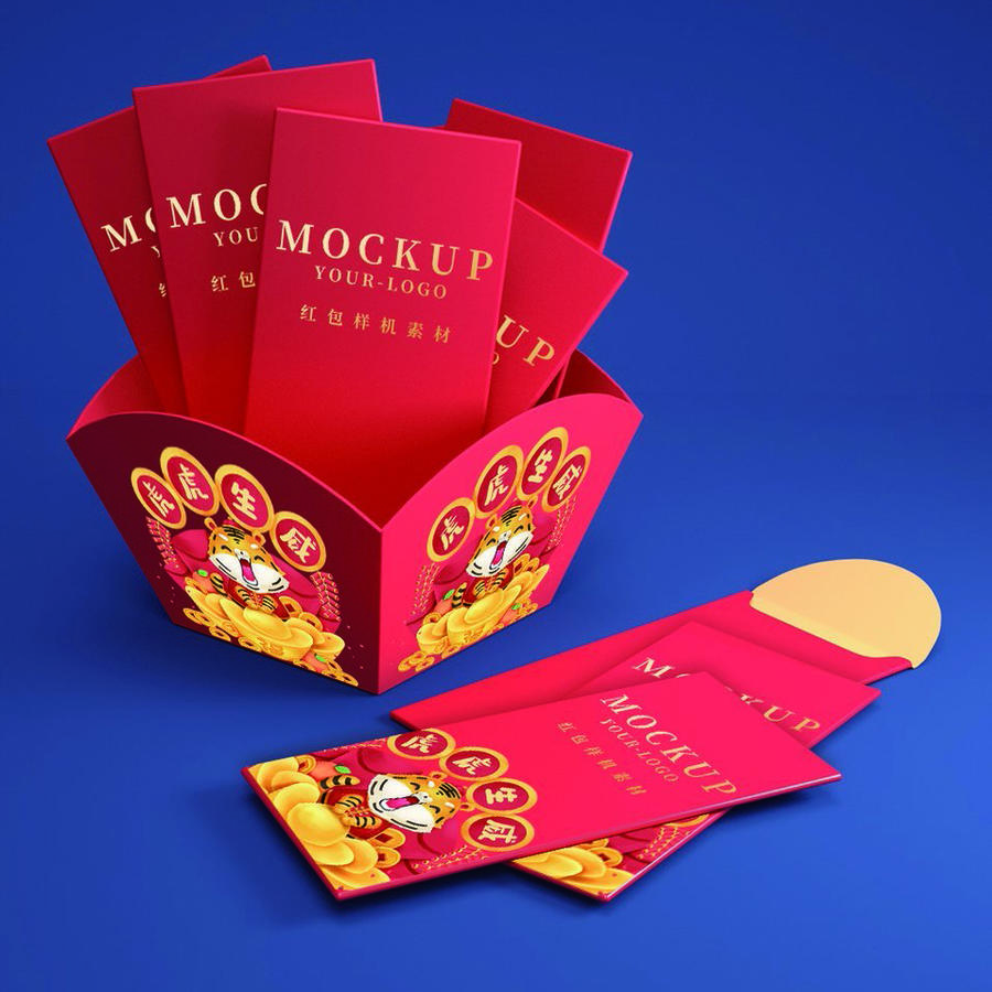2022虎年喜庆红色贺岁红包礼盒场景样机