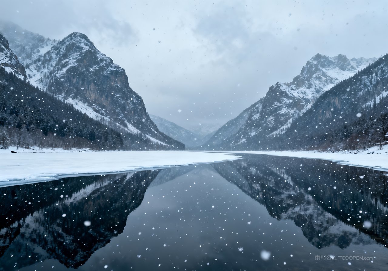 山峰山水冬季唯美自然冬天雪景风景河流