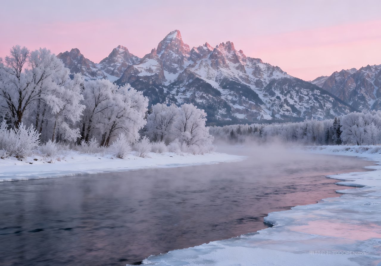 山水唯美冬季冬天风景山峰雪景河流