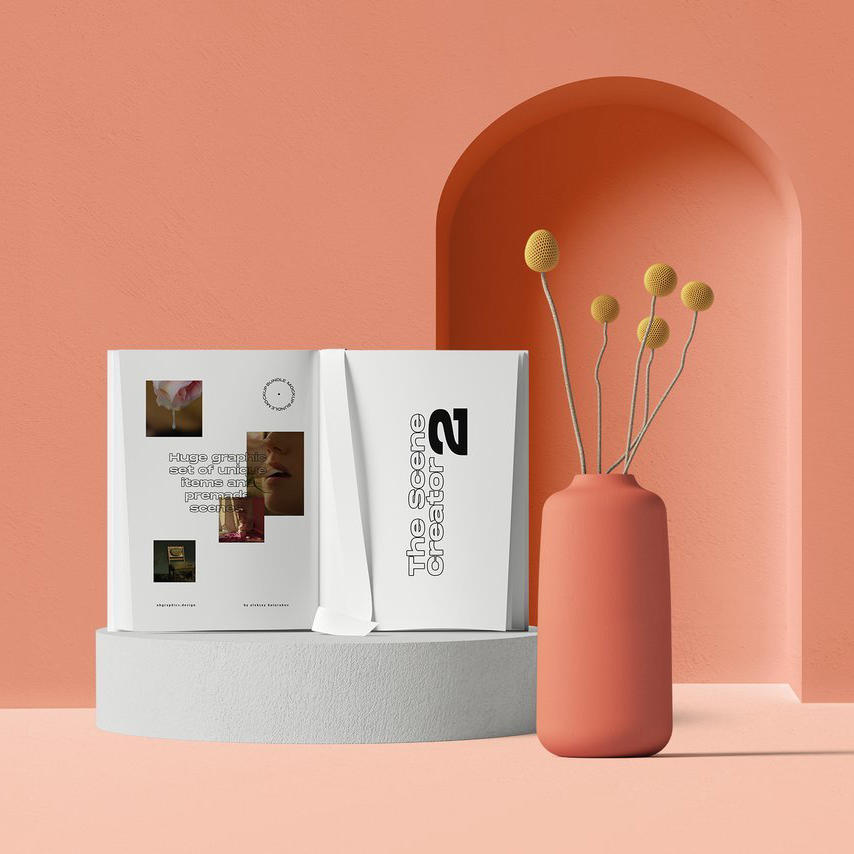 粉色温馨书本打开的企业画册场景样机 (3)