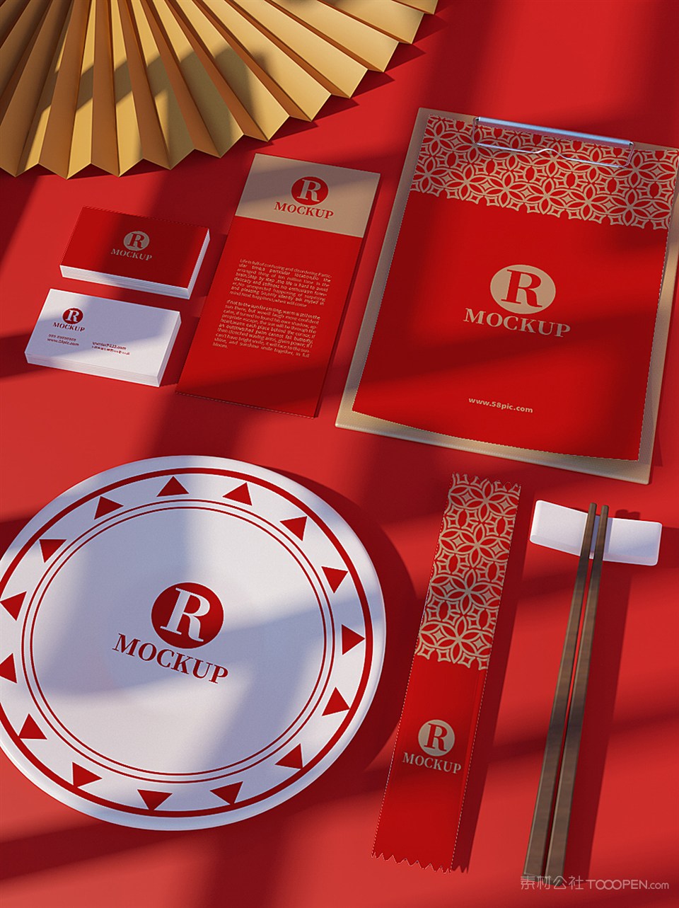 喜庆中国风红色国潮餐饮餐厅vi物料UI样机模板素材
