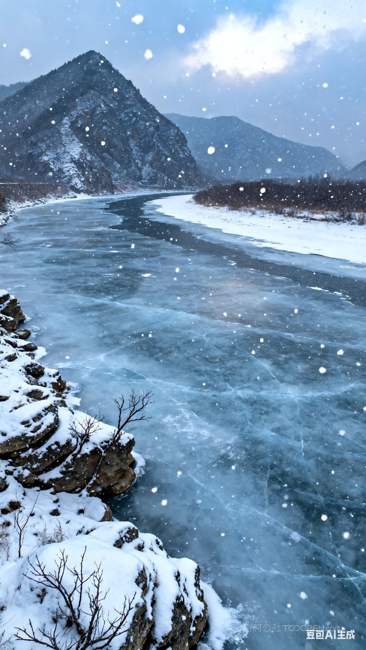 雪景冬季山峰山水唯美雪山冬天风景河流