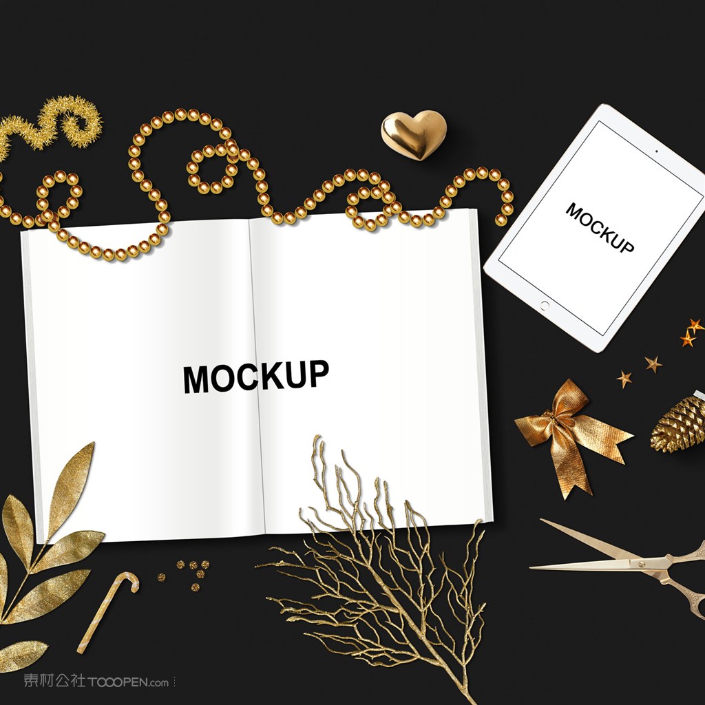 金色树枝项链ipad电脑项链杂志书籍场景样机