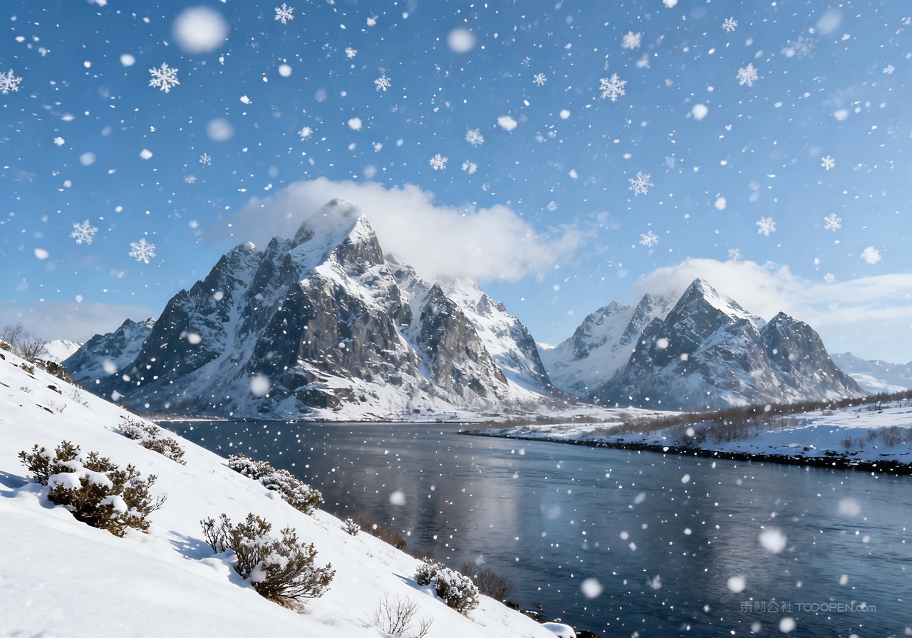 山水山峰河流风景冬天自然雪景唯美冬季