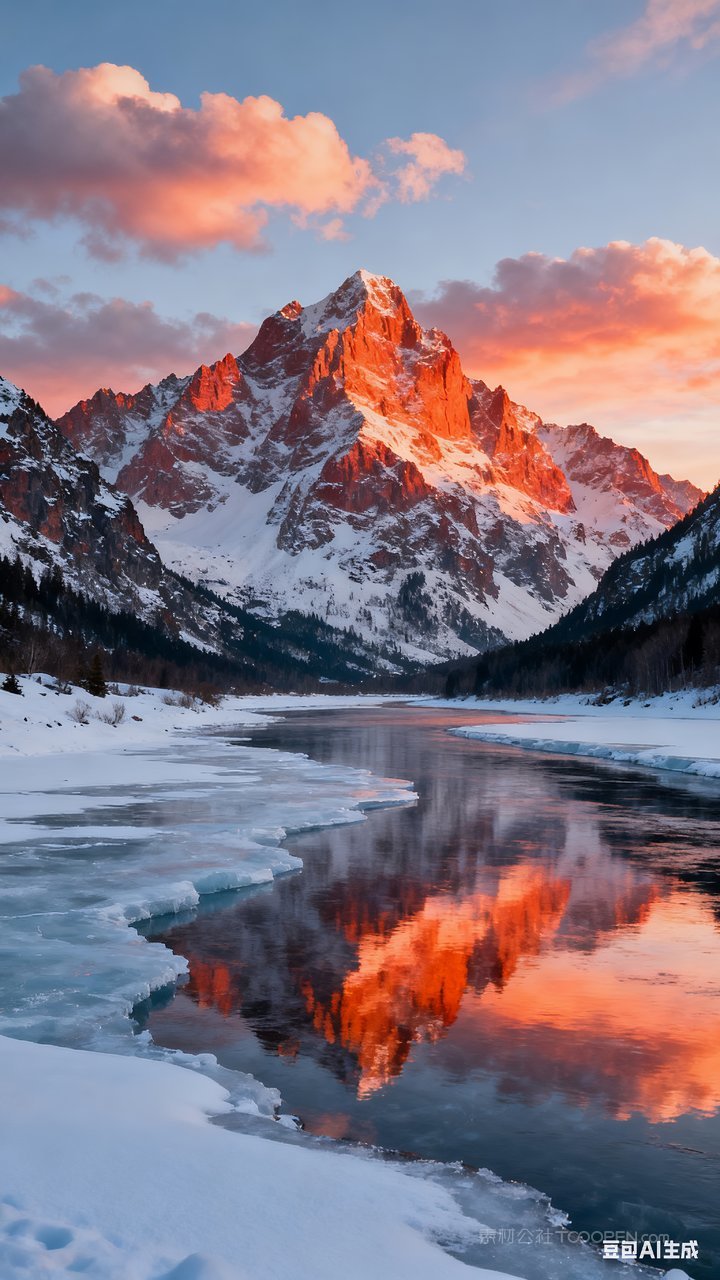 雪景冬季雪山冬天山水风景河流山峰唯美