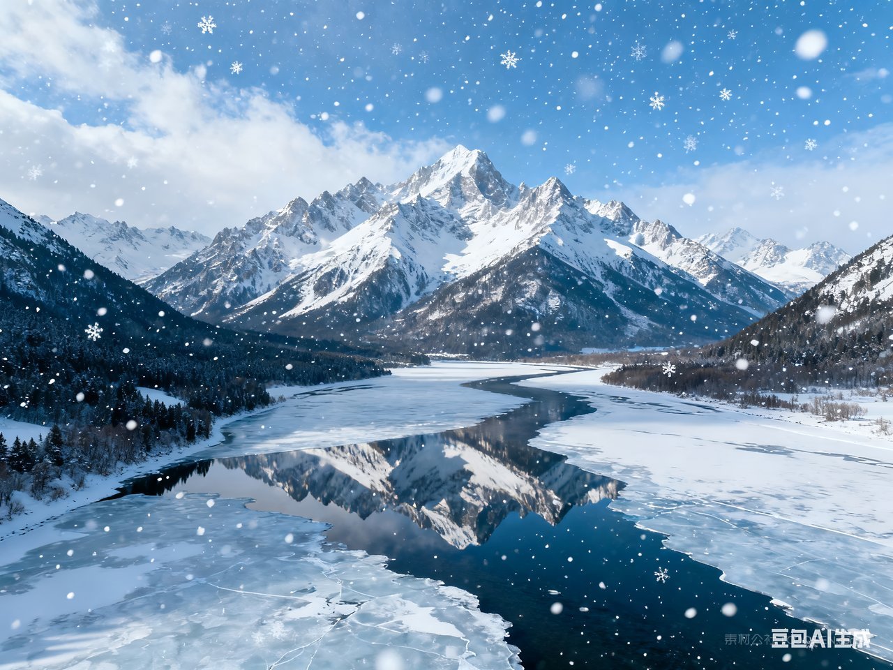 山水河流冬季山峰唯美冬天雪景风景