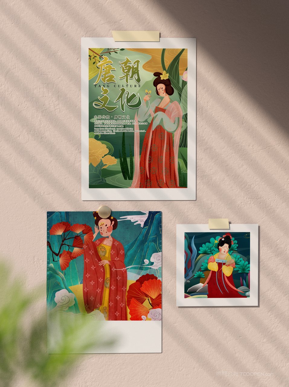 中国红国潮文创名信片墙面装饰图样机