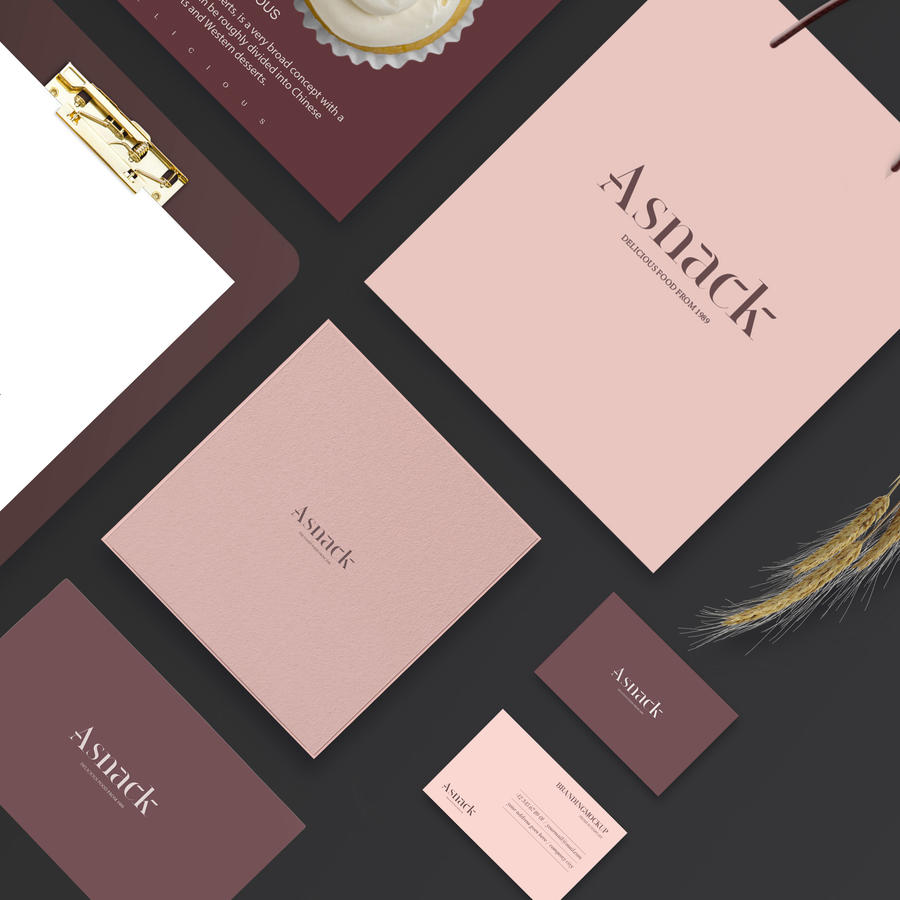 甜品店VI手提袋夹板包装盒名片贴图样机