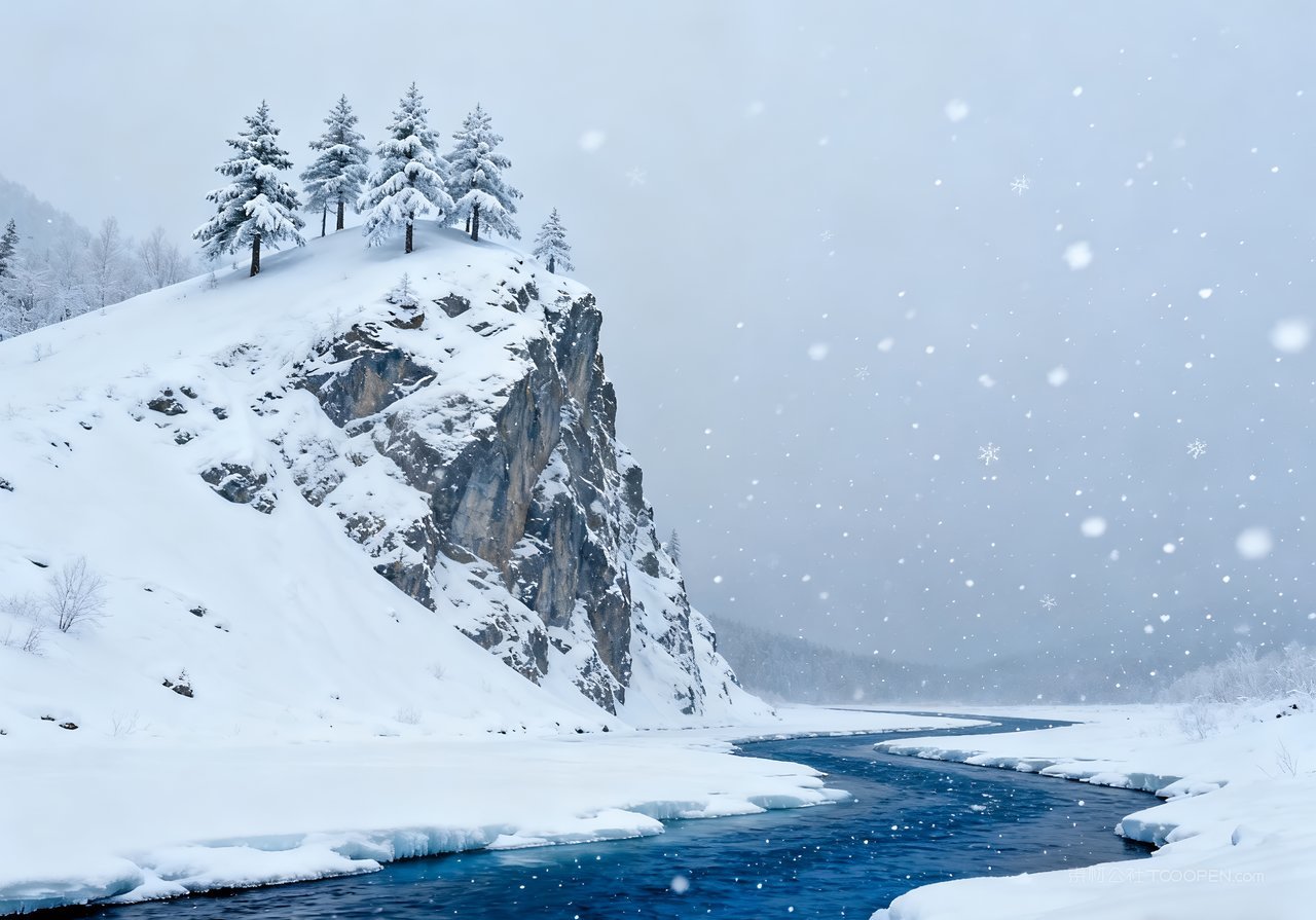 唯美冬季河流雪景冬天风景山水山峰