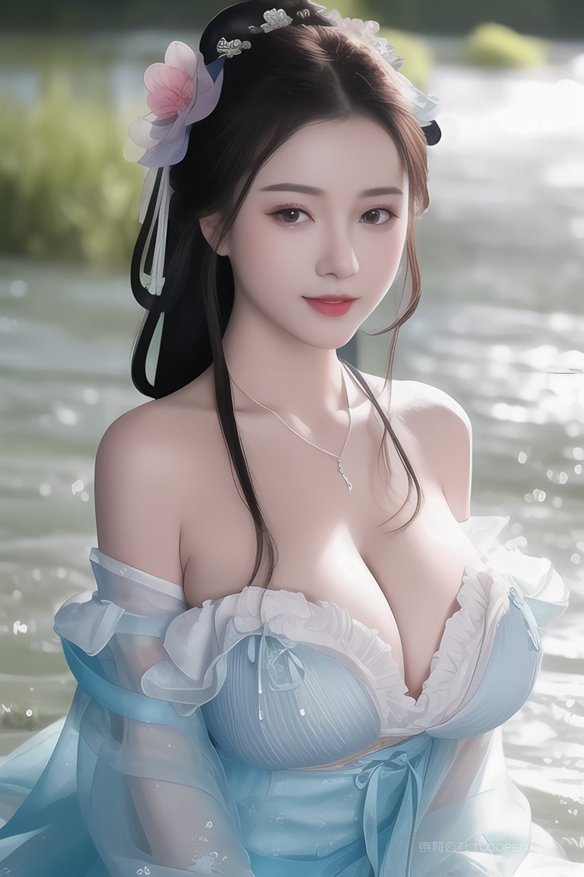 淡蓝色古风纱衣ai大胸性感美女户外艺术照片