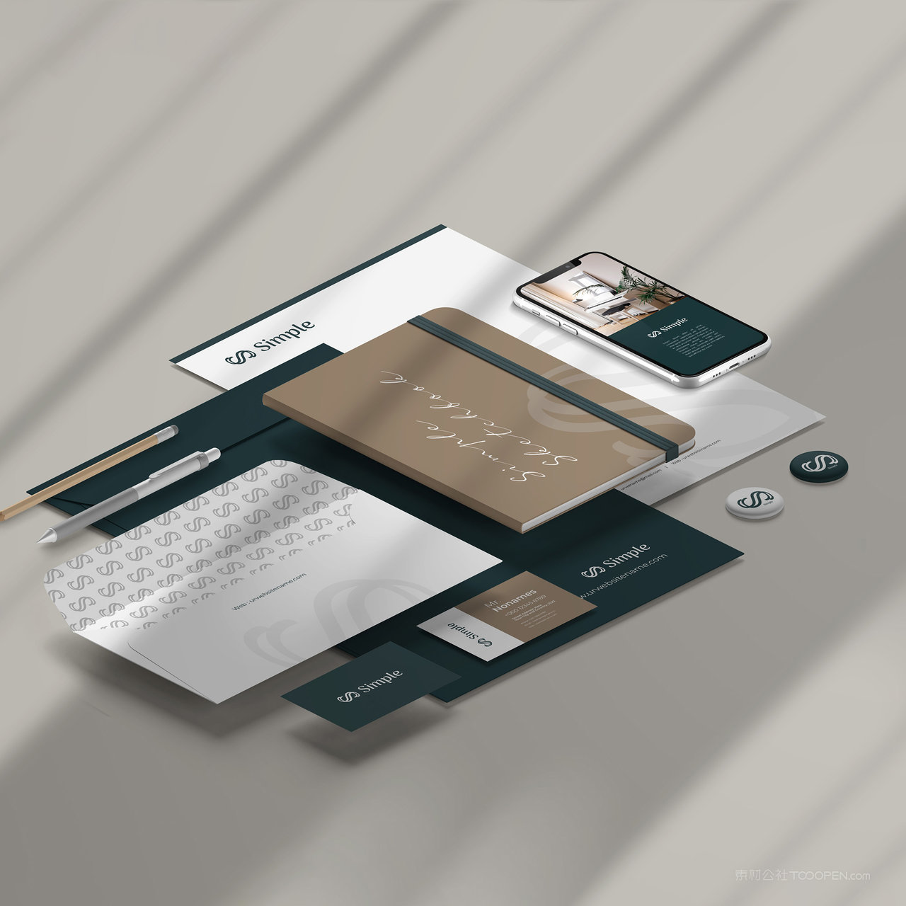 绿色VI笔记本手机信封贴图样机