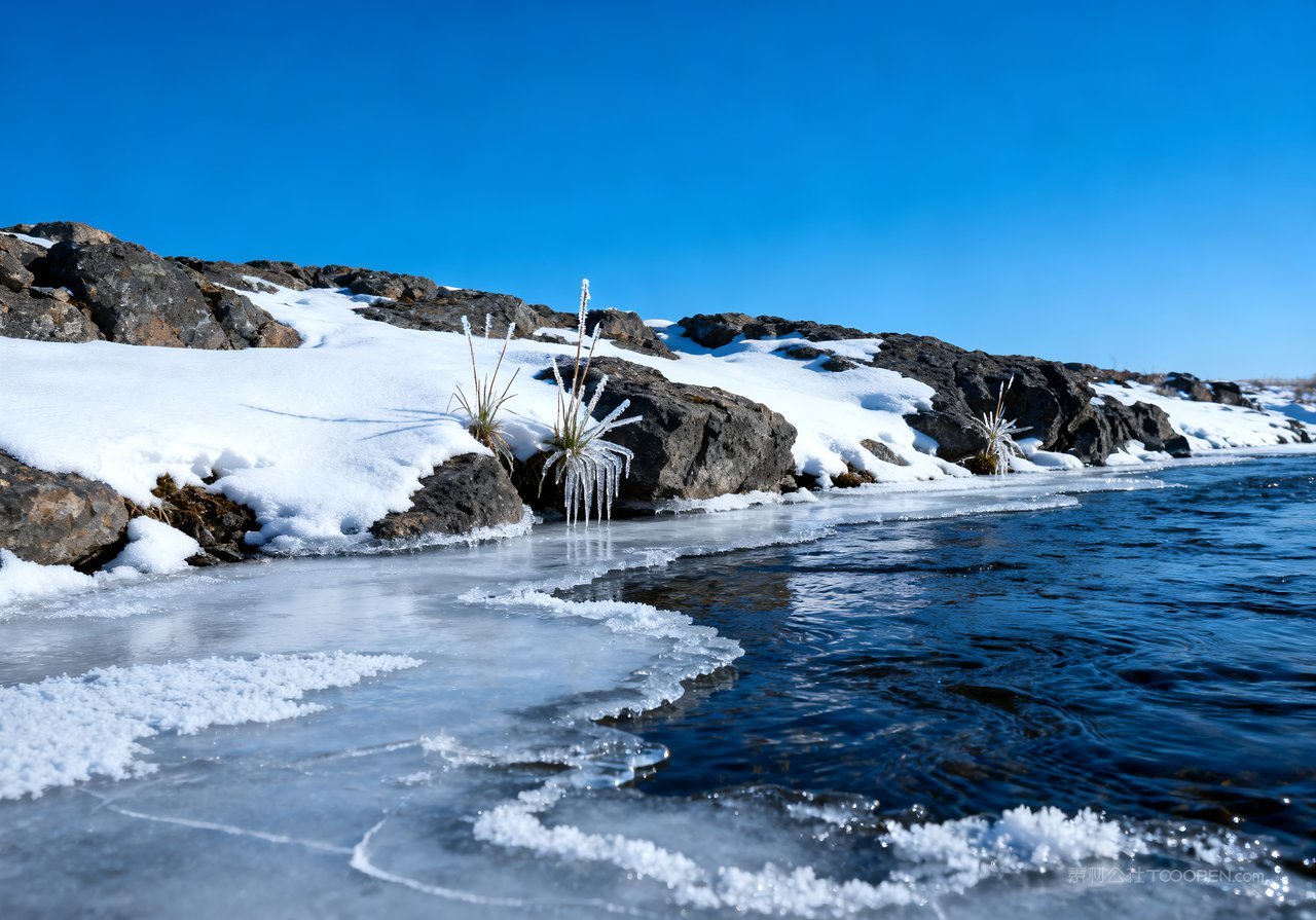 自然冬天风景河流山水山峰雪景唯美冬季