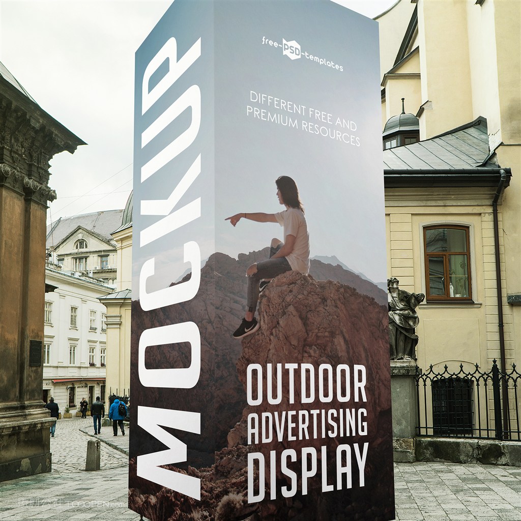 国外小镇街头立柱广告贴图样机