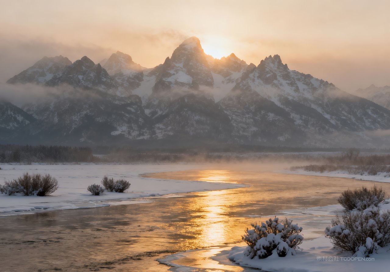 河流雪景冬季山水山峰自然唯美冬天风景