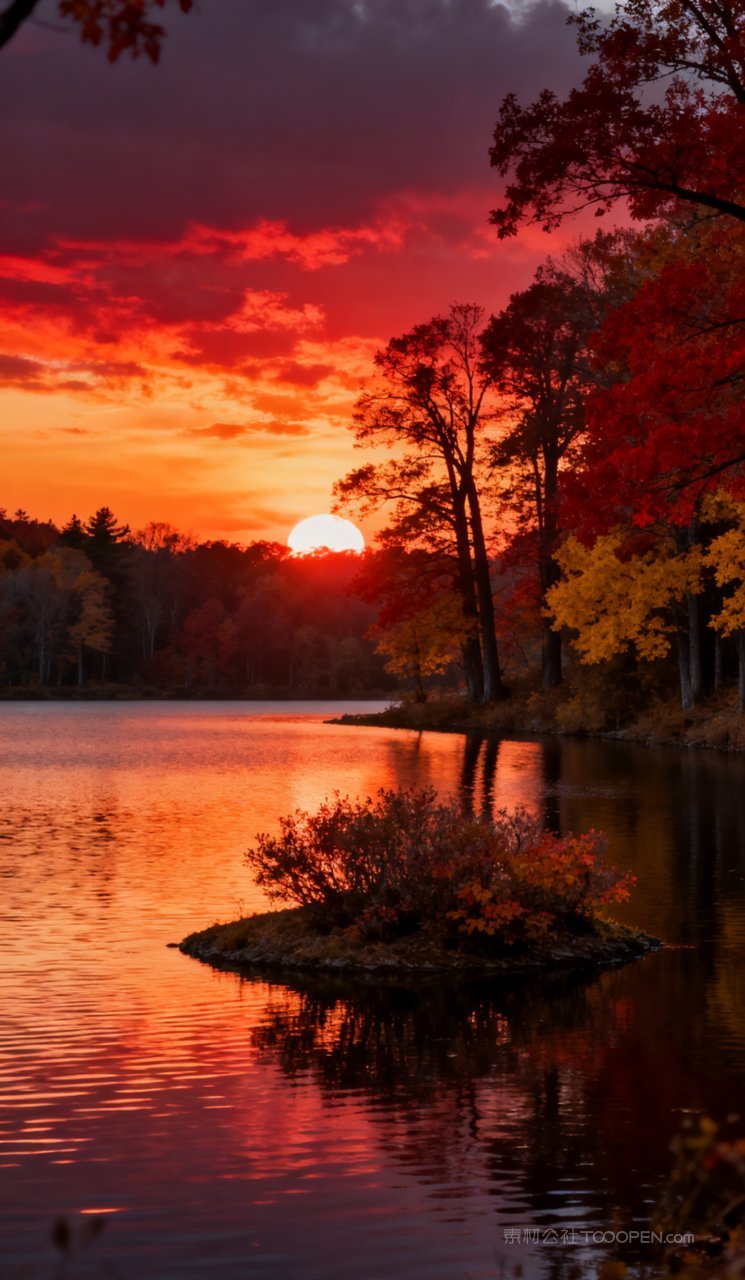 秋季湖泊唯美秋天天空风景山峰树木山水