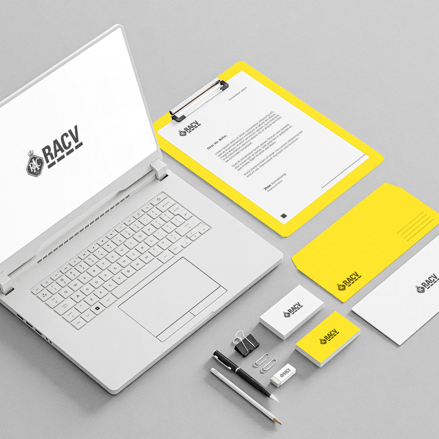 黄色办公用品vi名片笔记本电脑信封贴图样机