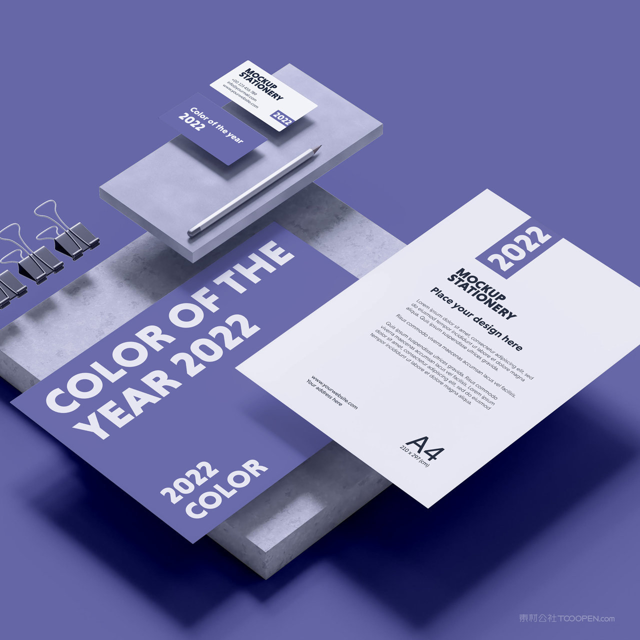 悬浮的办公用品vi文档名片贴图样机