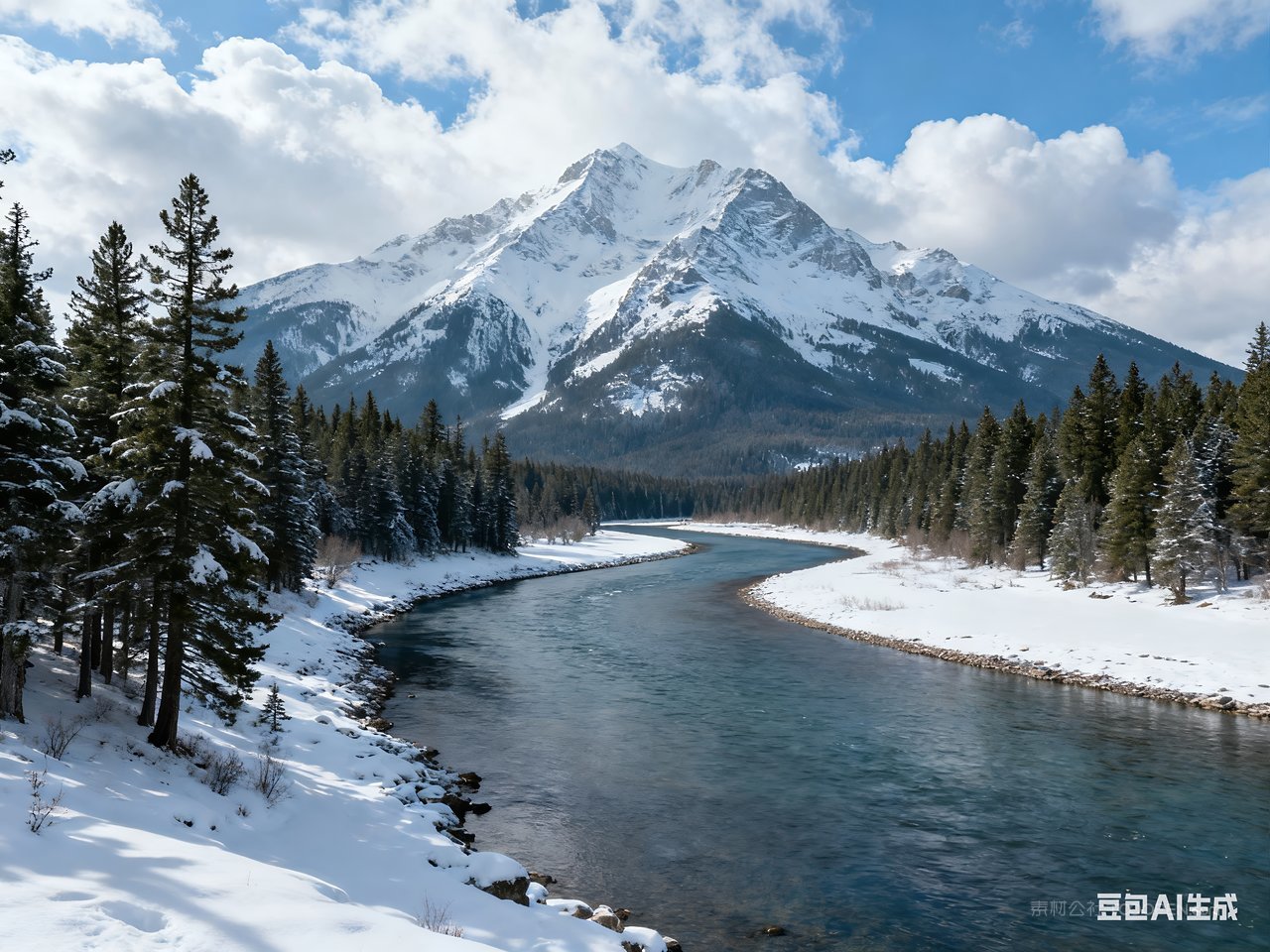 河流山水雪景冬天冬季唯美风景山峰