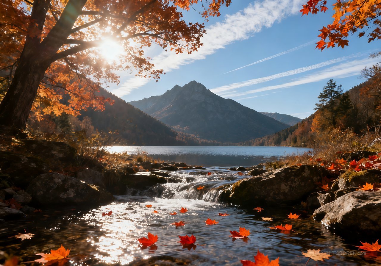 唯美山水青山天空湖泊意境秋季山峰