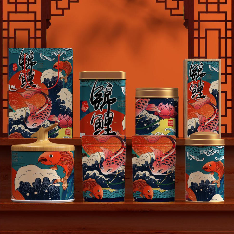 中国红国潮锦鲤贺岁年货红色礼盒样机