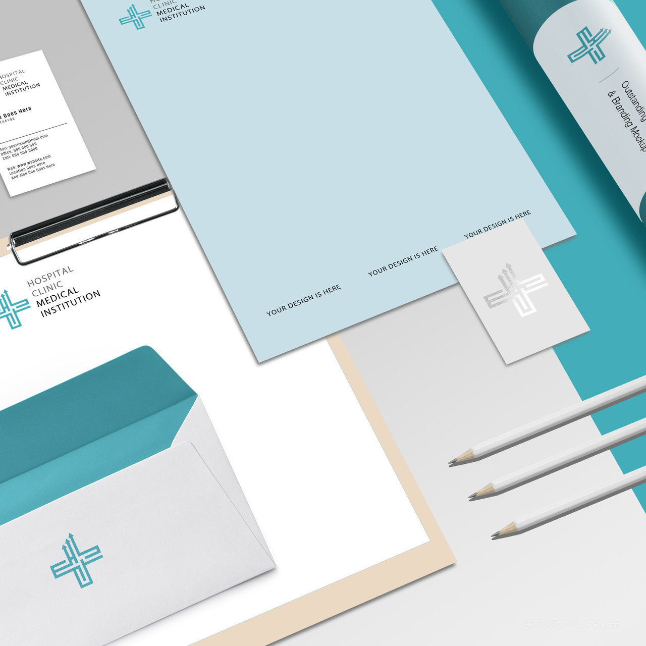 医疗品牌VI文档信封名片宣传单贴图样机