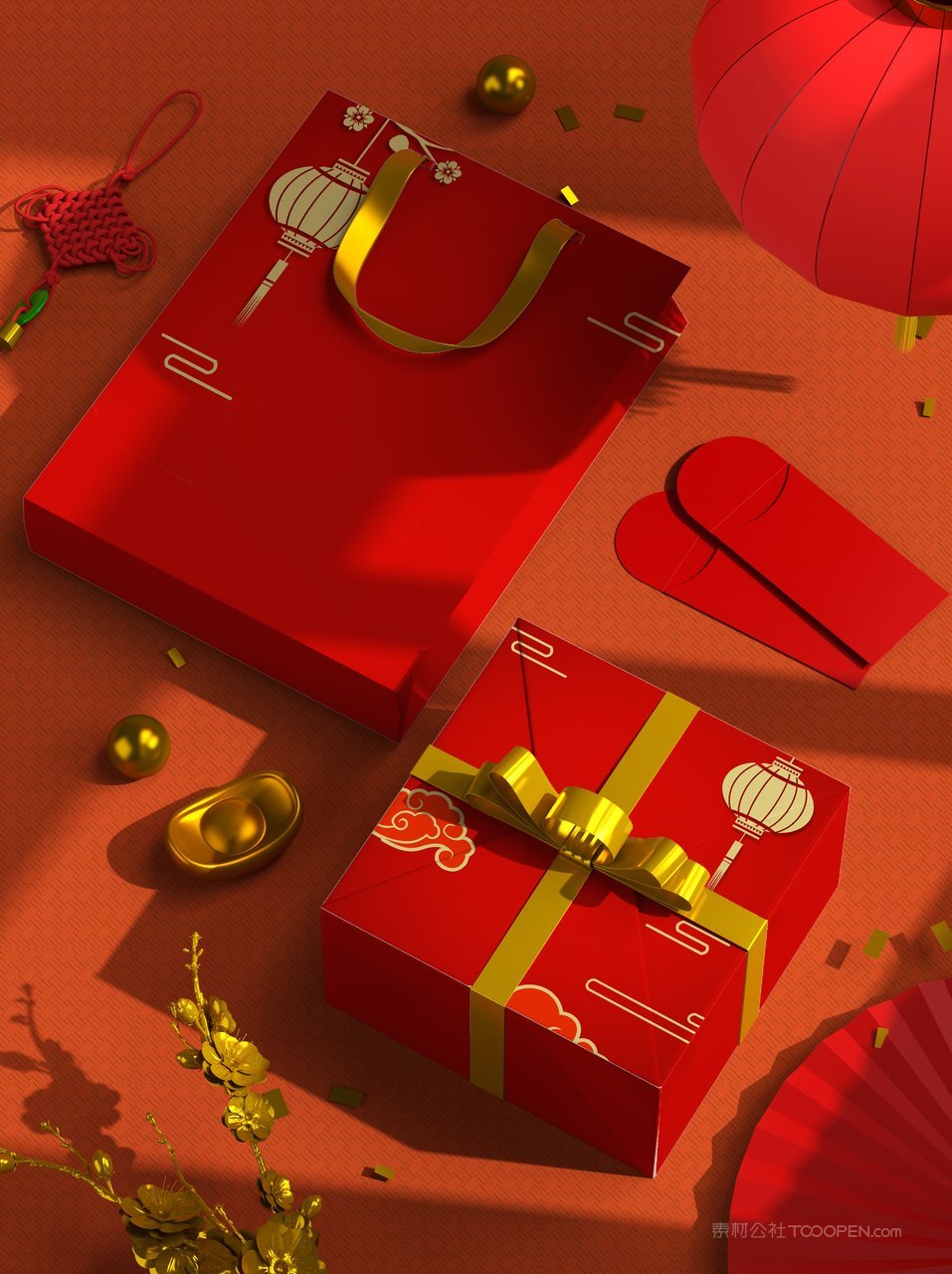 中国红色国潮舞狮文创贺岁年货礼盒样机