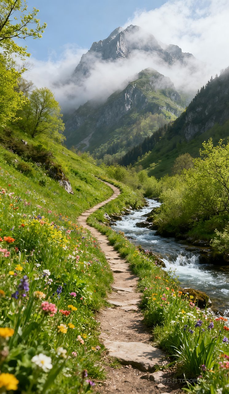 意境春天山峰唯美风景河流天空山水自然
