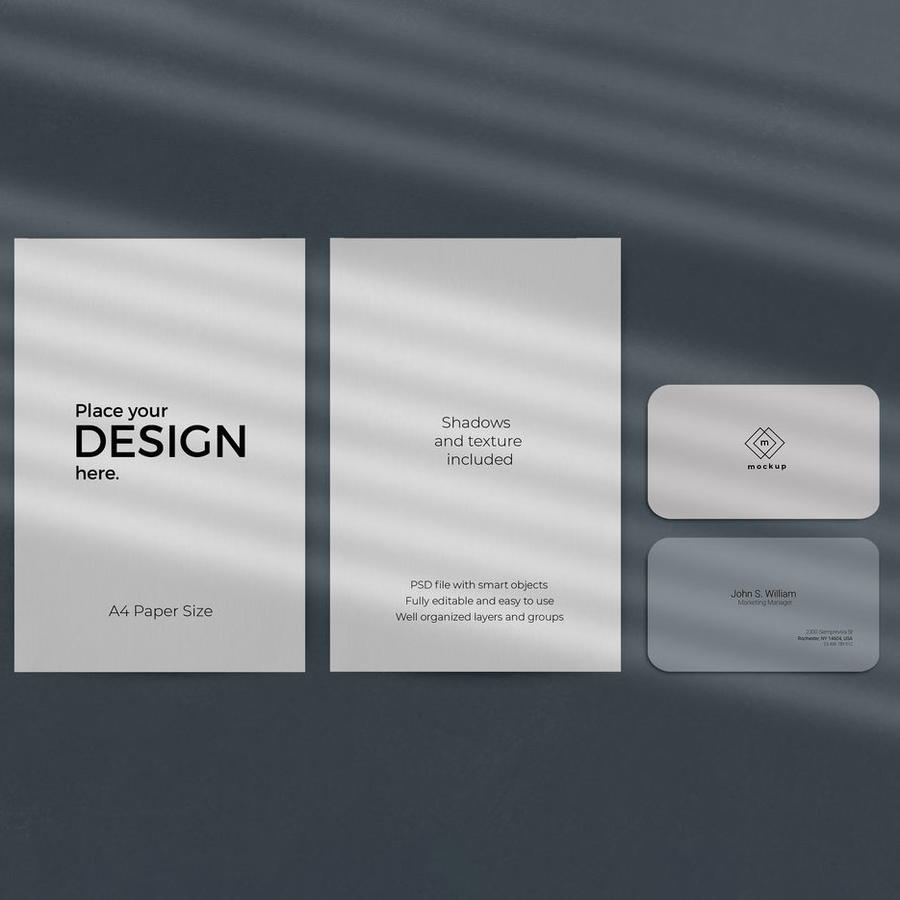 蓝色光感背景VI样机logo名片样机