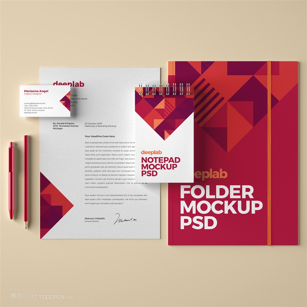 红色高档办公用品vi名片宣传单记事本贴图样机