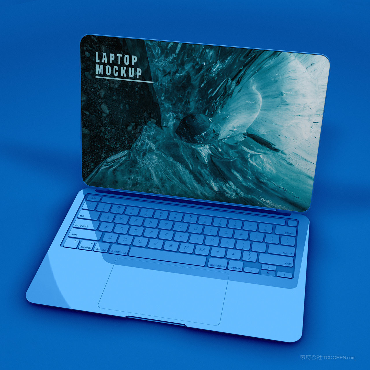 蓝色背景打开的笔记本电脑贴图样机