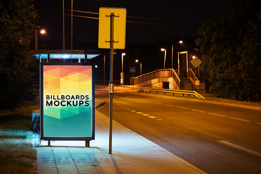 站台街头户外T牌灯箱广告牌样机图片场景下载