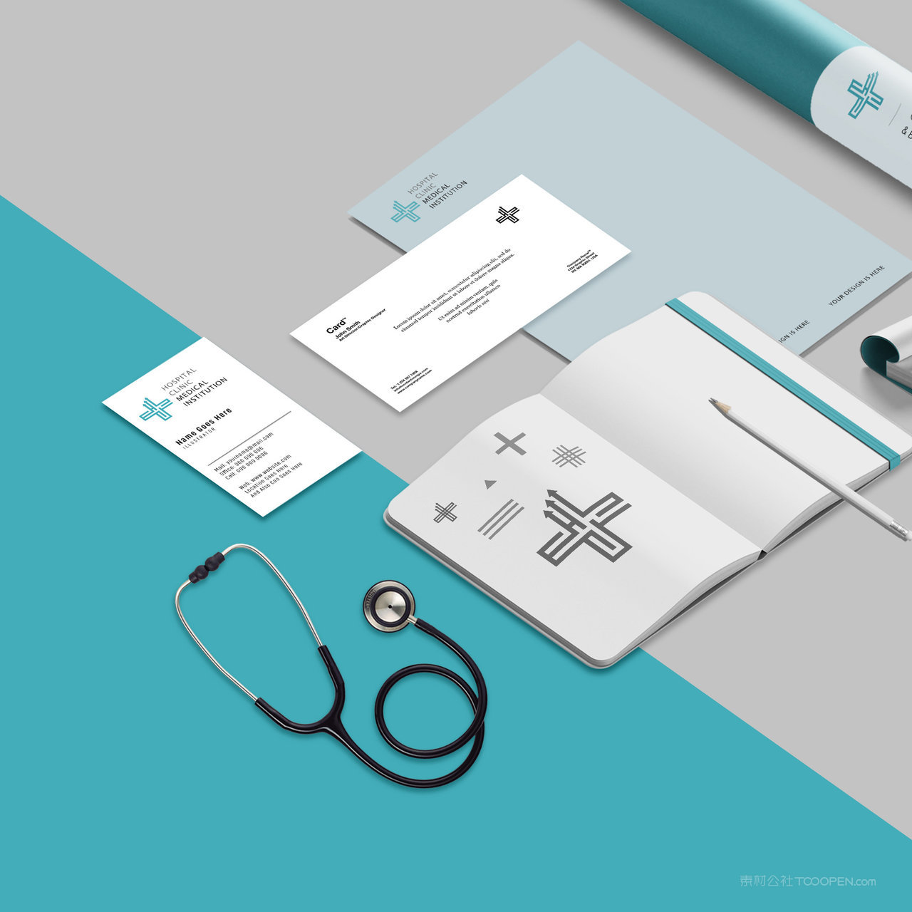 医疗品牌VI本子信封名片贴图样机