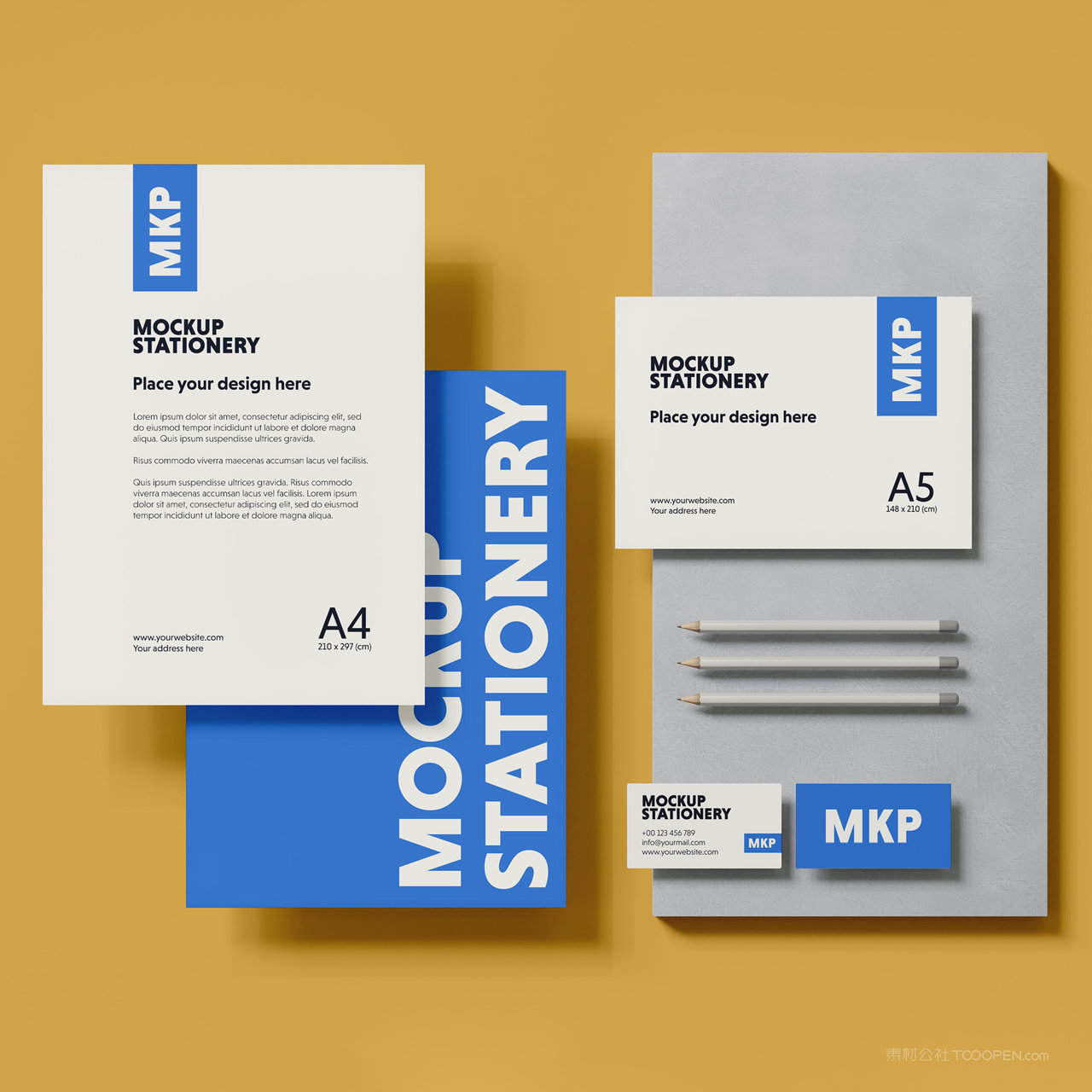 简约办公用品vi名片A4文档贴图样机