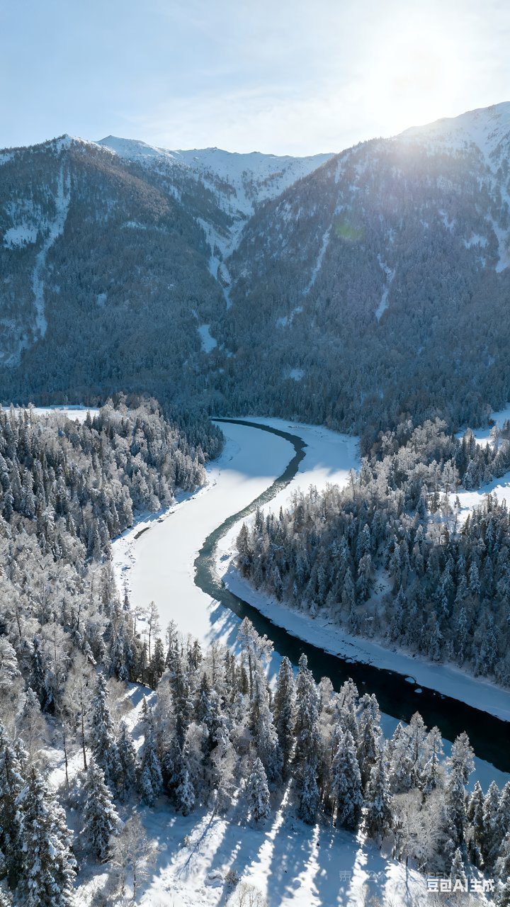 河流冬季冬天雪山山水雪景唯美风景山峰