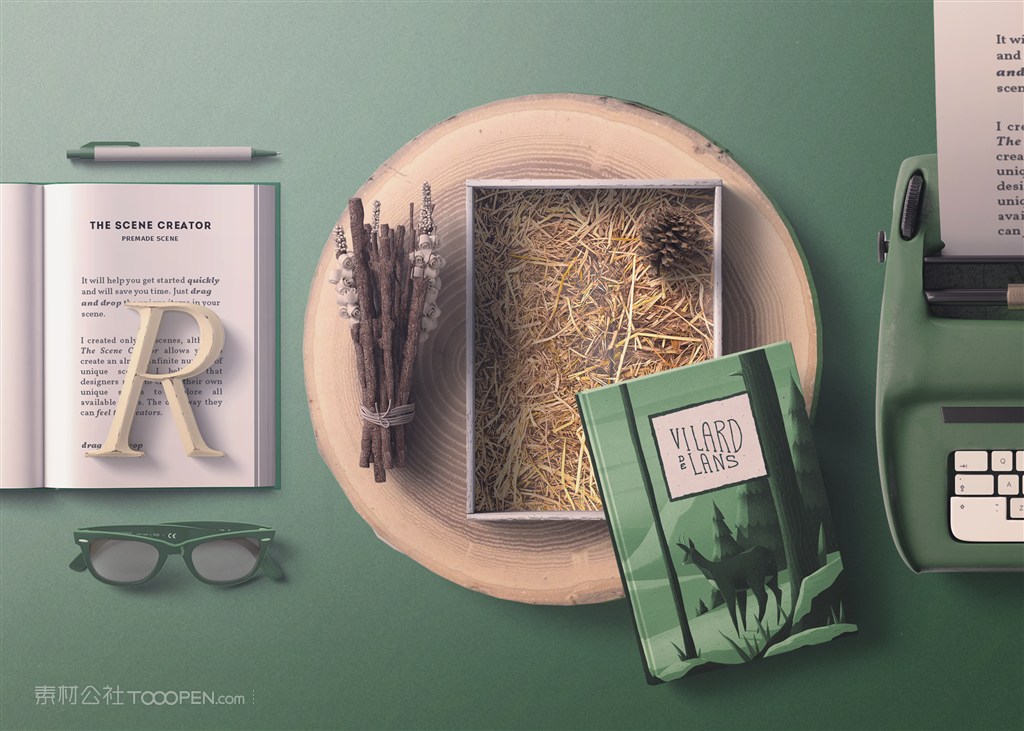 书籍包装盒打字机信纸场景样机