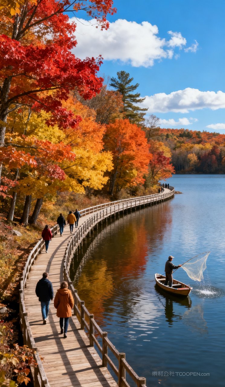 天空秋季树木山水唯美秋天山峰湖泊风景