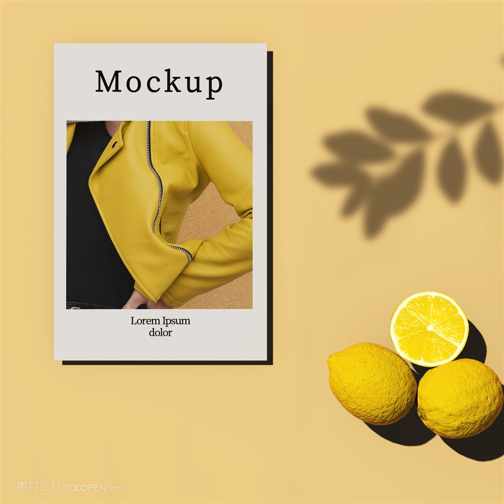 黄色背景有柠檬和阴影的卡片贴图样机