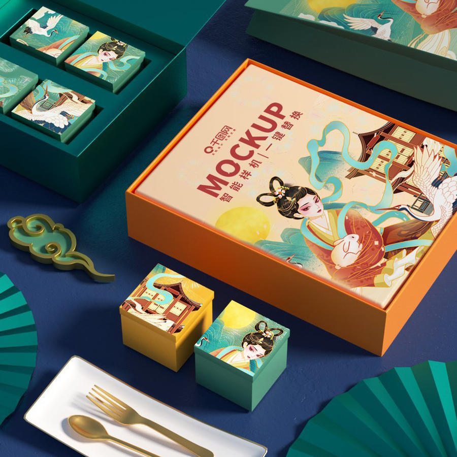 蟐蛾中国风中秋月饼礼品盒ps场景样机